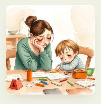 Mãe cansada à mesa com o filho
